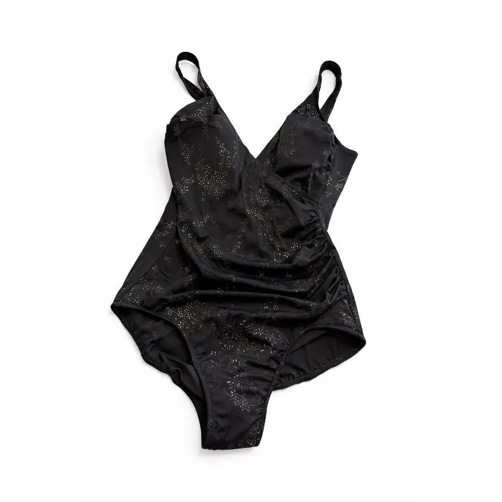 Miraclesuit One Piece Swimsuit Surplice Neck Ruched Bodice in Black Silver Sz 14